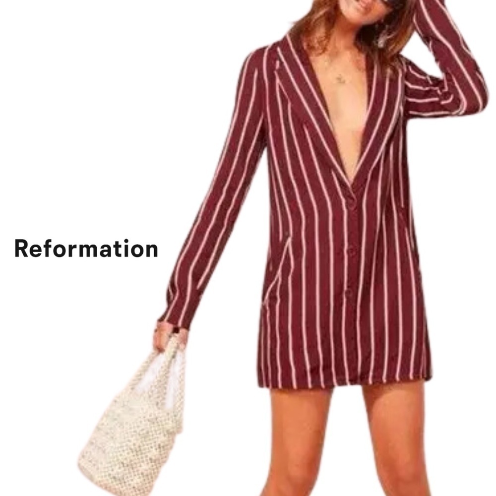 Reformation Graphite Blazer Dress in Kismet Maroon Striped - Size 2